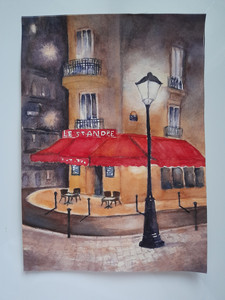 Chrissy F, night scene Parisian cafe, watercolour.jpg